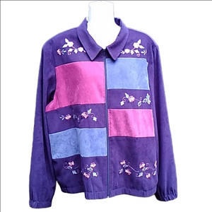 TanJay Navy Colour Block Floral Embroidered Faux Suede Jacket Shell Size 16